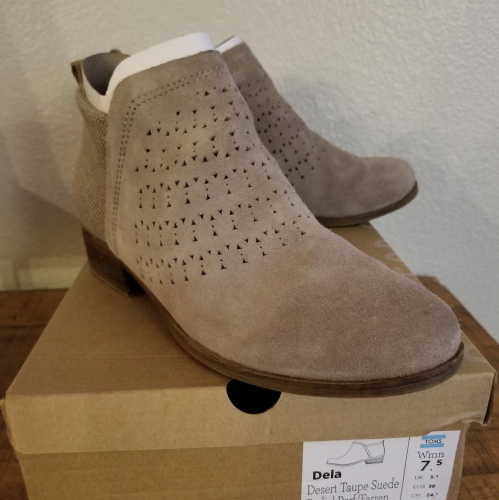 TOMS 'Deia' Desert Taupe suede booties. 7.5M